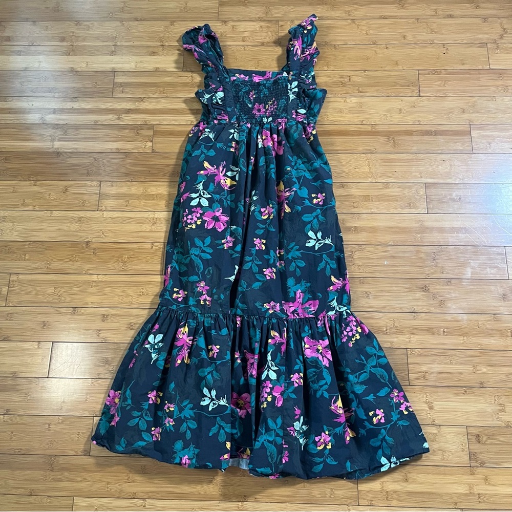 The Drop Navy Jewel Tone Poplin Cotton Floral Ruffle Square Neck Maxi Dress - Picture 13 of 14